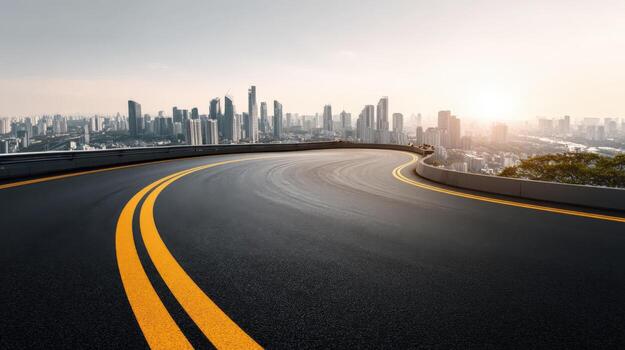 Road leading to a modern business district skyline like Amsterdam Zuid Zuidas